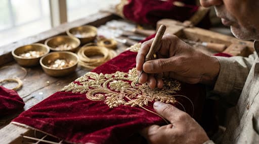 Artisan hand embroidering gold zardozi on a crimson bridal textile